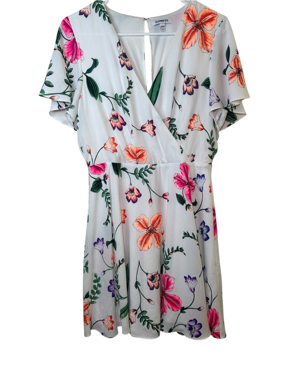 Express White Floral Wrap Dress Pink Orange Purple Blooms Bright Flowy Summer M